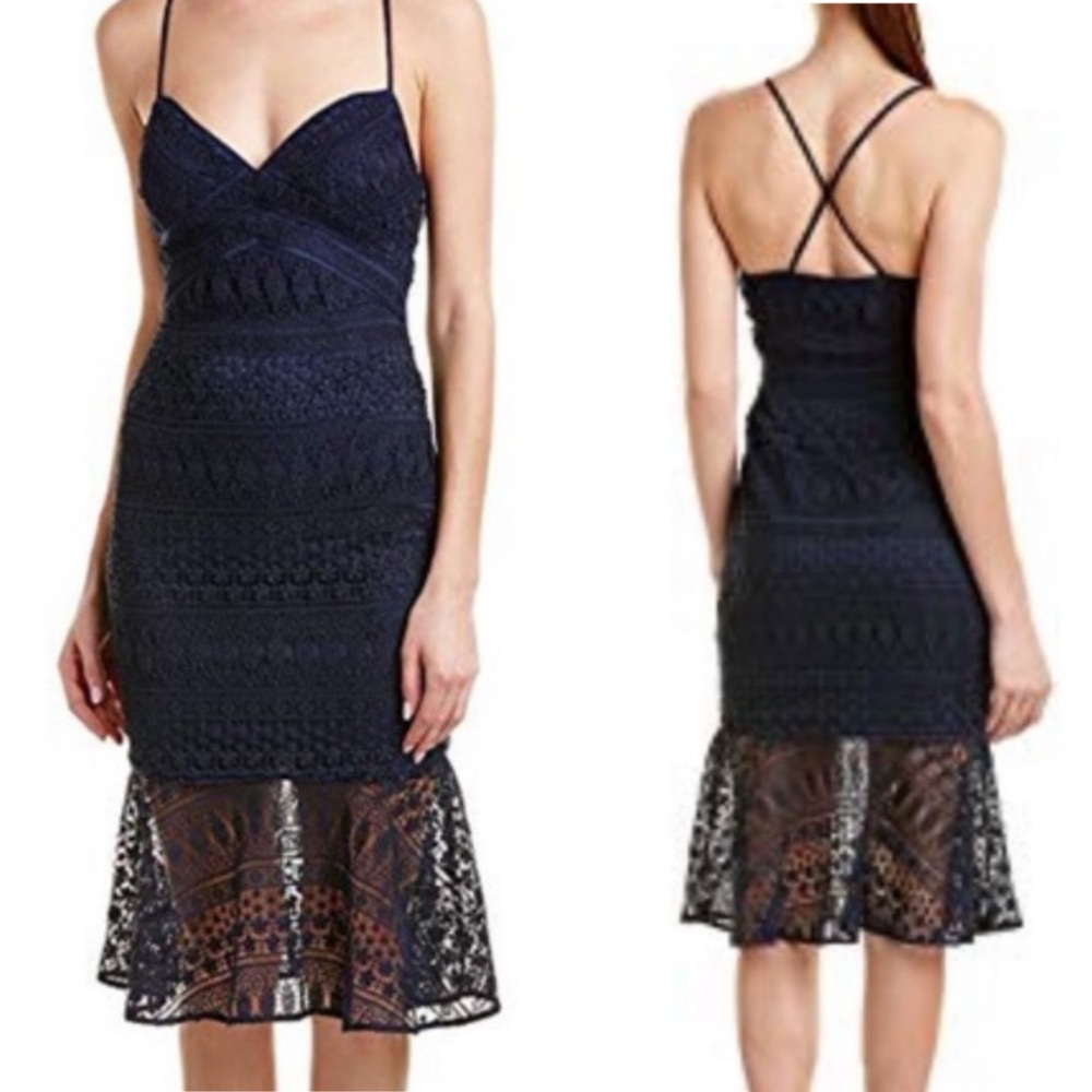 Likely Darby Navy Lace Mermaid Flounce Midi Dress Size 6